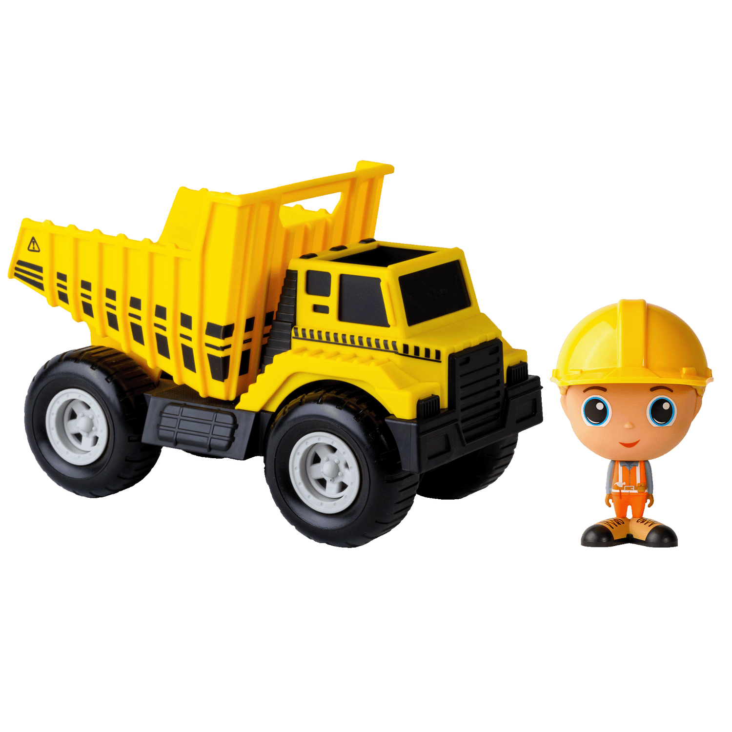 Camion benne jaune Flek avec figurine de construction Charlie— Jouet préscolaire conçu au Québec