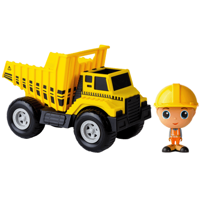 Camion benne jaune Flek avec figurine de construction Charlie— Jouet préscolaire conçu au Québec