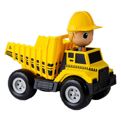 Camion benne jaune Flek avec figurine de construction Charlie— Jouet préscolaire conçu au Québec