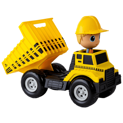 Camion benne jaune Flek avec figurine de construction Charlie— Jouet préscolaire conçu au Québec