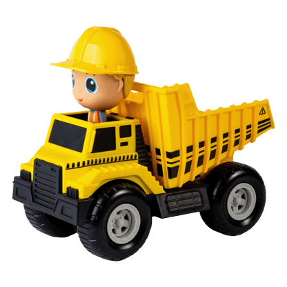 Camion benne jaune Flek avec figurine de construction Charlie— Jouet préscolaire conçu au Québec