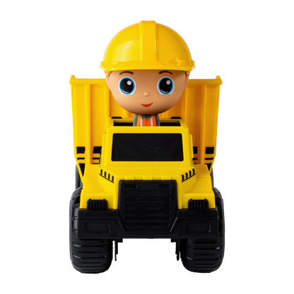 Camion benne jaune Flek avec figurine de construction Charlie— Jouet préscolaire conçu au Québec