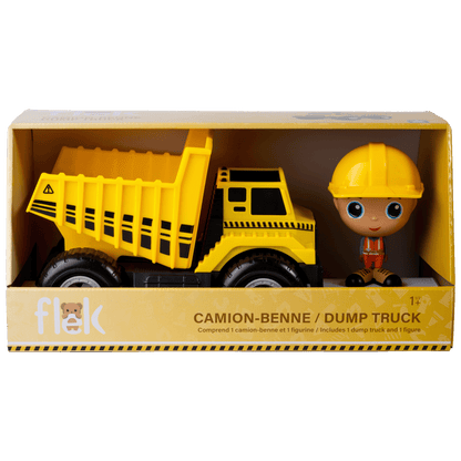 Camion benne jaune Flek avec figurine de construction Charlie— Jouet préscolaire conçu au Québec
