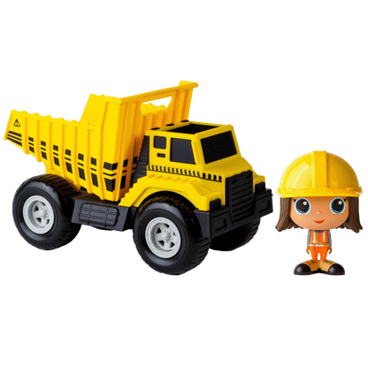 Camion benne jaune Flek avec figurine de construction Romi — Jouet préscolaire conçu au Québec