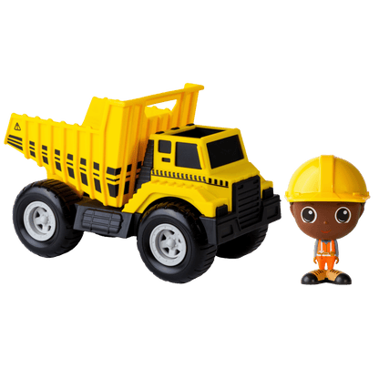 Camion benne jaune Flek avec figurine de construction Billy — Jouet préscolaire conçu au Québec
