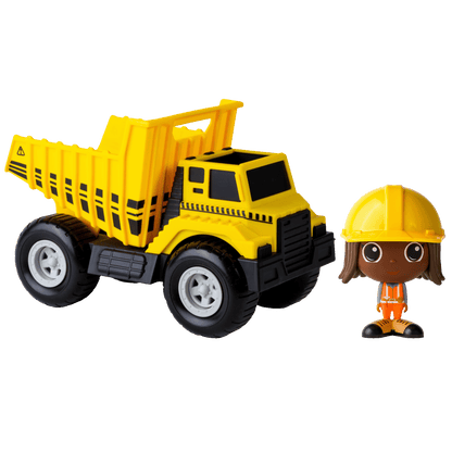 Camion benne jaune Flek avec figurine de construction Mady — Jouet préscolaire conçu au Québec