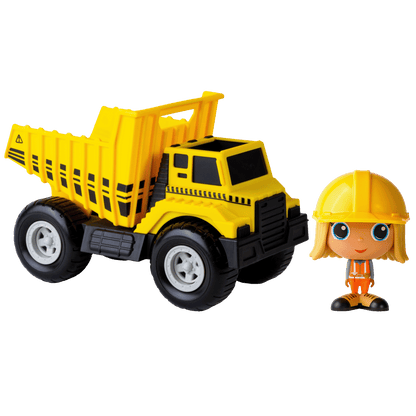 Camion benne jaune Flek avec figurine de construction Azra — Jouet préscolaire conçu au Québec