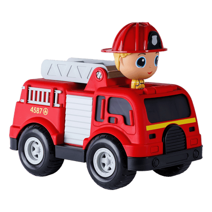 Camion de pompier avec figurine pompier Charlie— Jouet préscolaire conçu au Québec