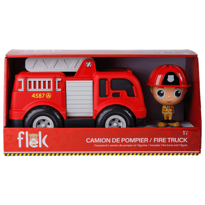 Camion de pompier avec figurine pompier Charlie— Jouet préscolaire conçu au Québec