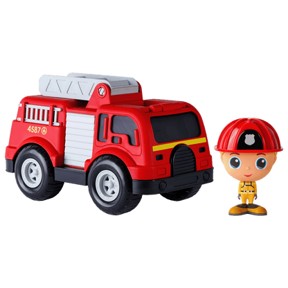 Camion de pompier avec figurine pompier Charlie— Jouet préscolaire conçu au Québec