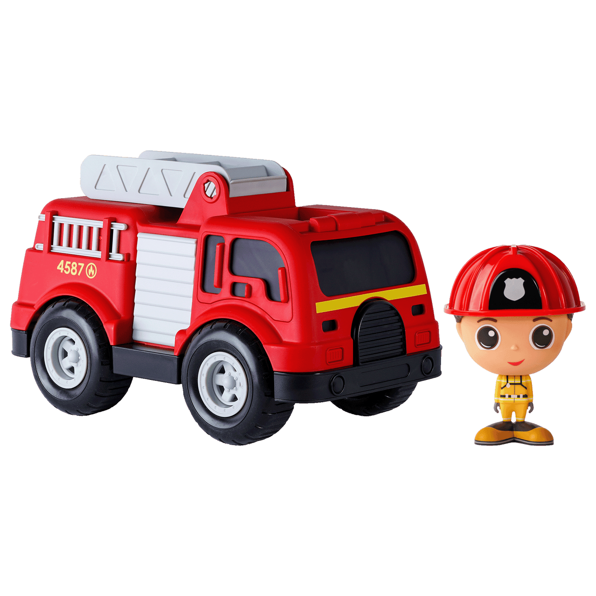 Camion de pompier avec figurine pompier Alex— Jouet préscolaire conçu au Québec