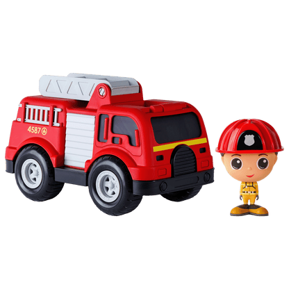 Camion de pompier avec figurine pompier Alex— Jouet préscolaire conçu au Québec