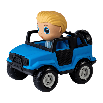 Camion tout-terrain bleu avec figurine à la ville Charlie — Jouet préscolaire conçu au Québec