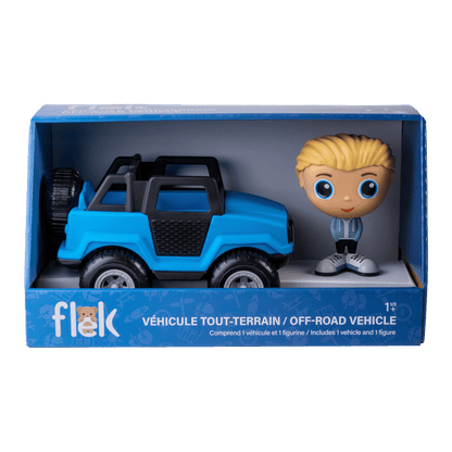 Camion tout-terrain bleu avec figurine à la ville Charlie — Jouet préscolaire conçu au Québec