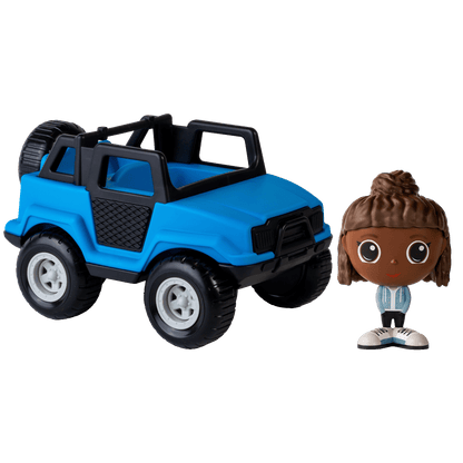 Camion tout-terrain bleu avec figurine à la ville Mady — Jouet préscolaire conçu au Québec