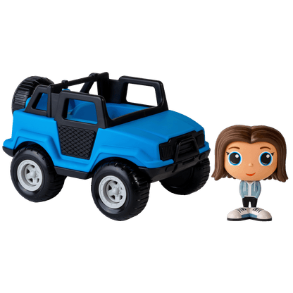 Camion tout-terrain bleu avec figurine à la ville Romi — Jouet préscolaire conçu au Québec