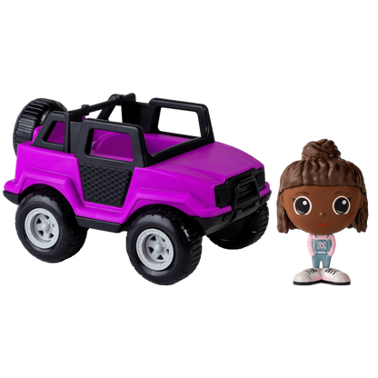 Camion tout-terrain mauve avec figurine à la ville Mady — Jouet préscolaire conçu au Québec